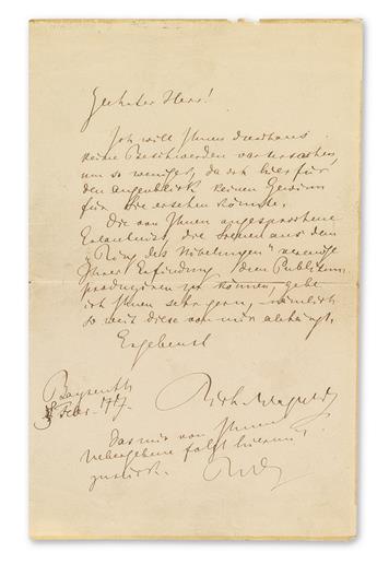 WAGNER, RICHARD. Autograph Letter Signed, twice (Rich Wagner and RW), to an unnamed recipient (Dear Sir), in German,